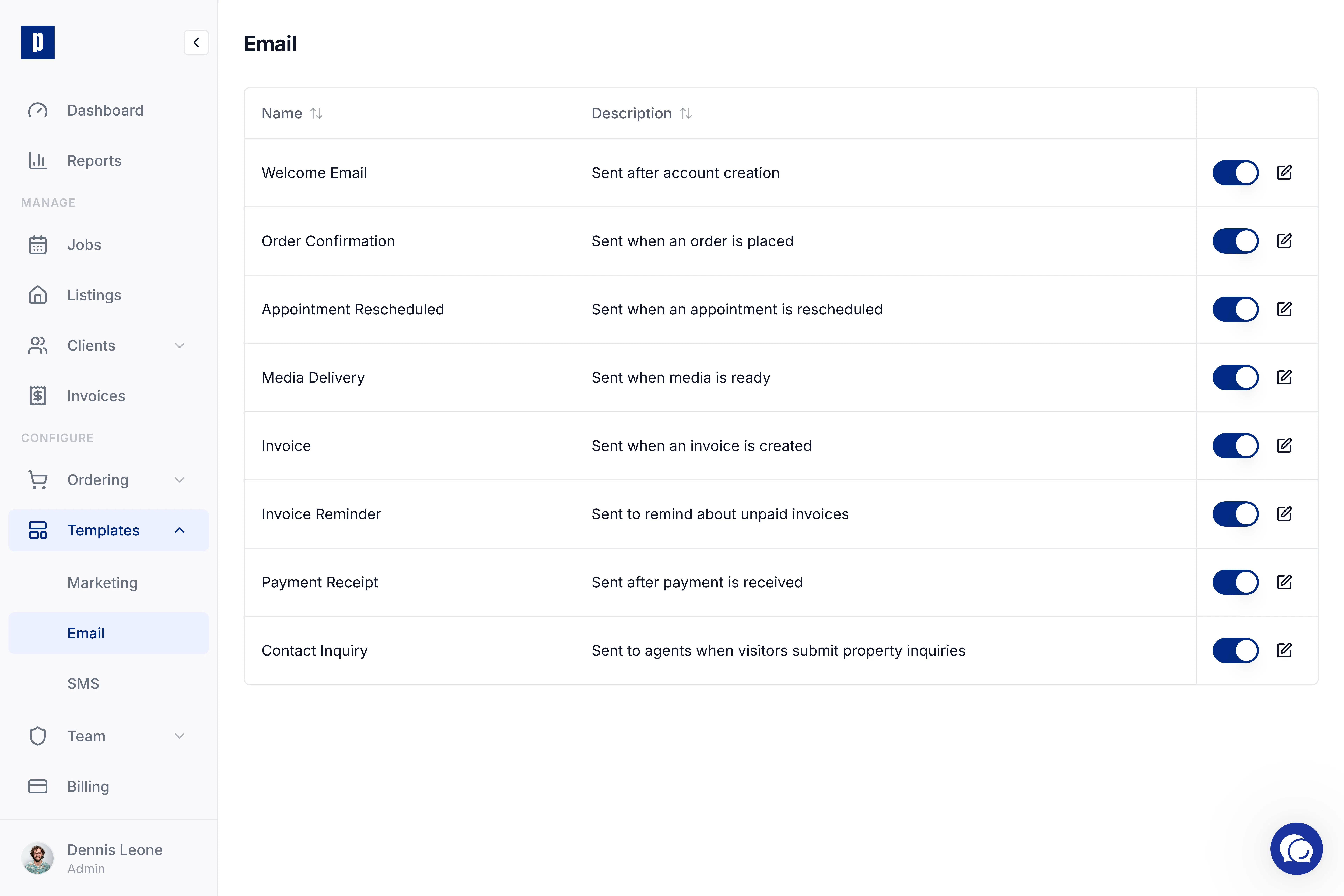 Photeria email templates page showing customizable transactional emails for orders, delivery, and invoices