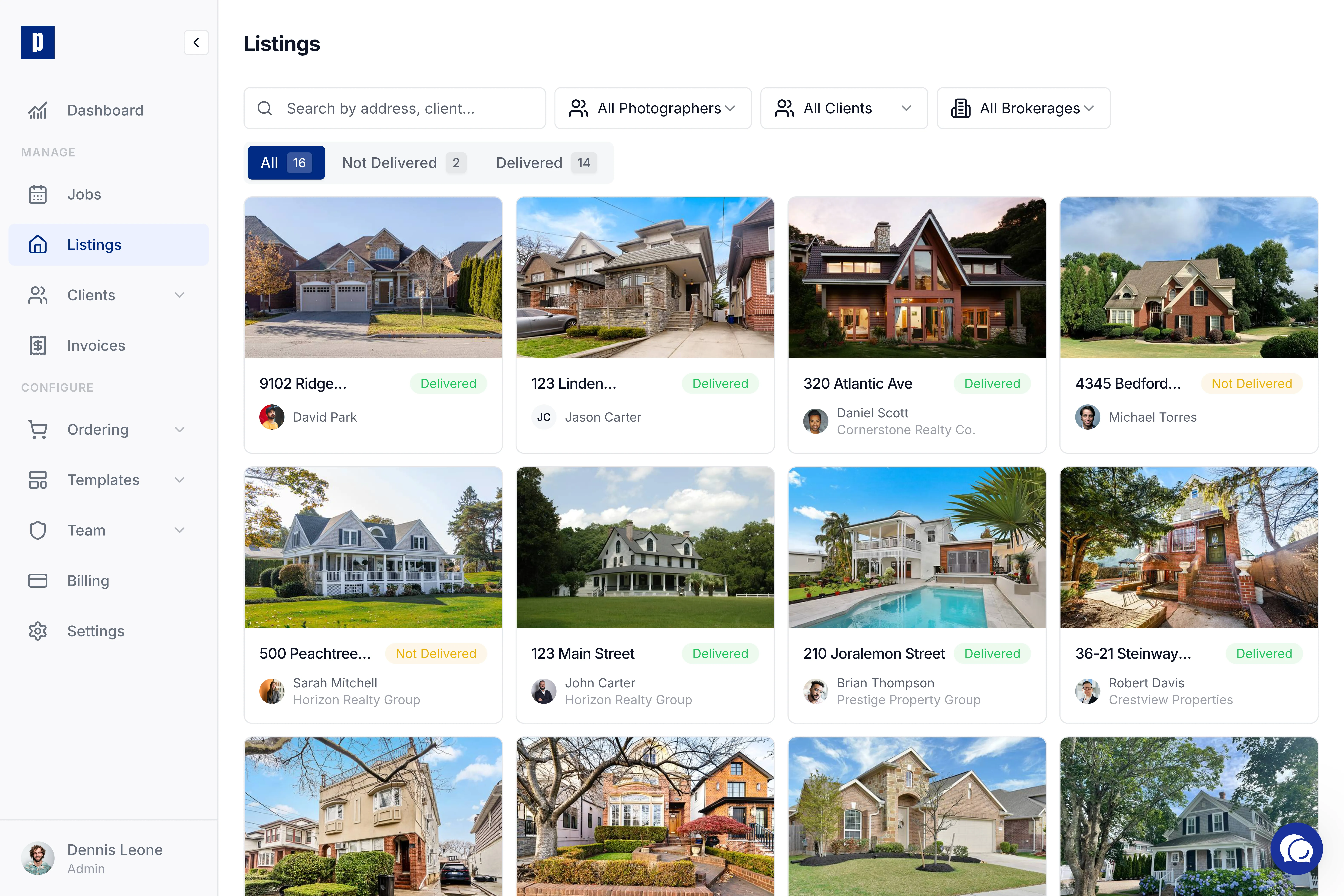 Admin dashboard showing listing management with order status, team assignments, and revenue tracking