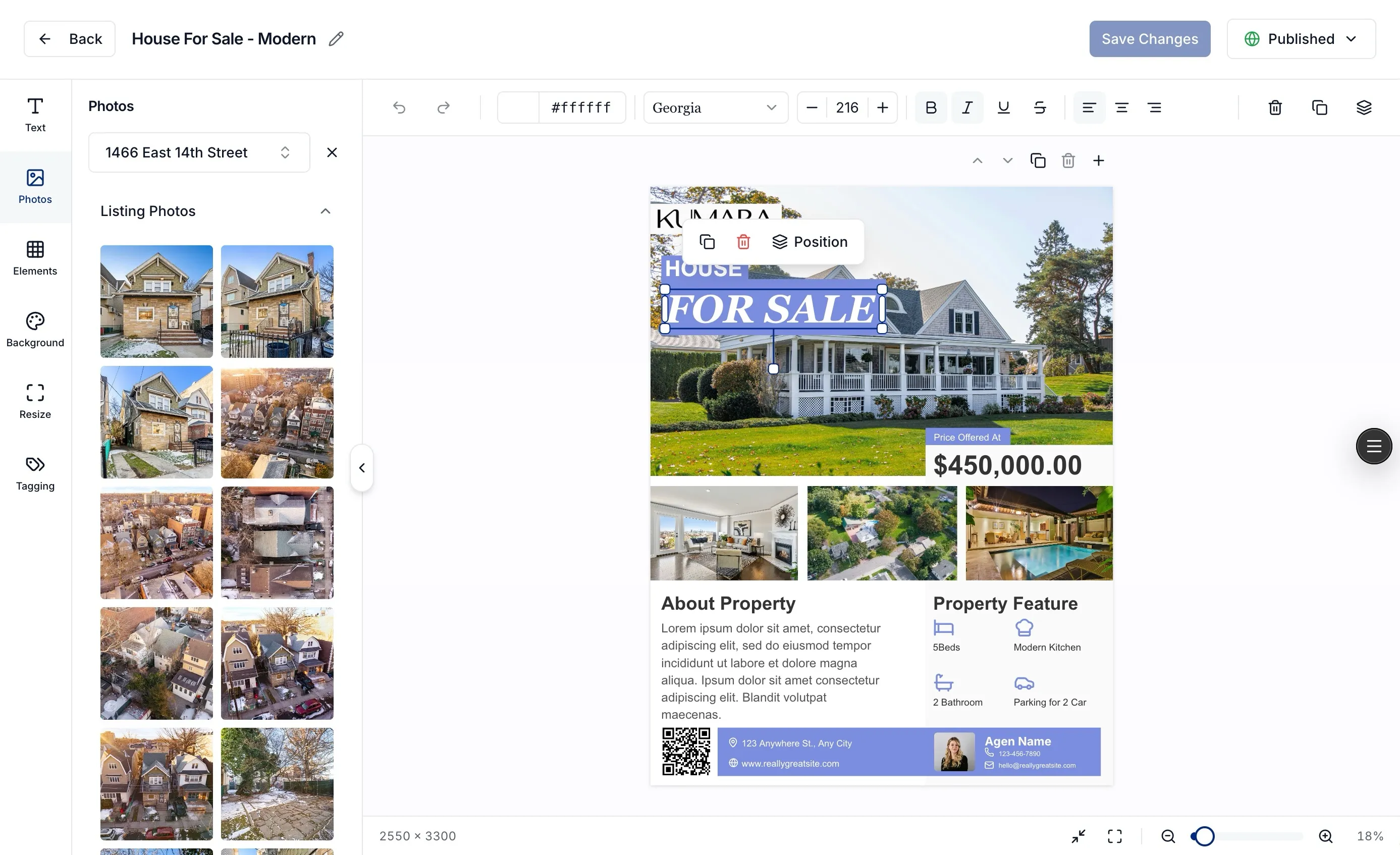 Drag-and-drop marketing template editor for creating property flyers and social media posts