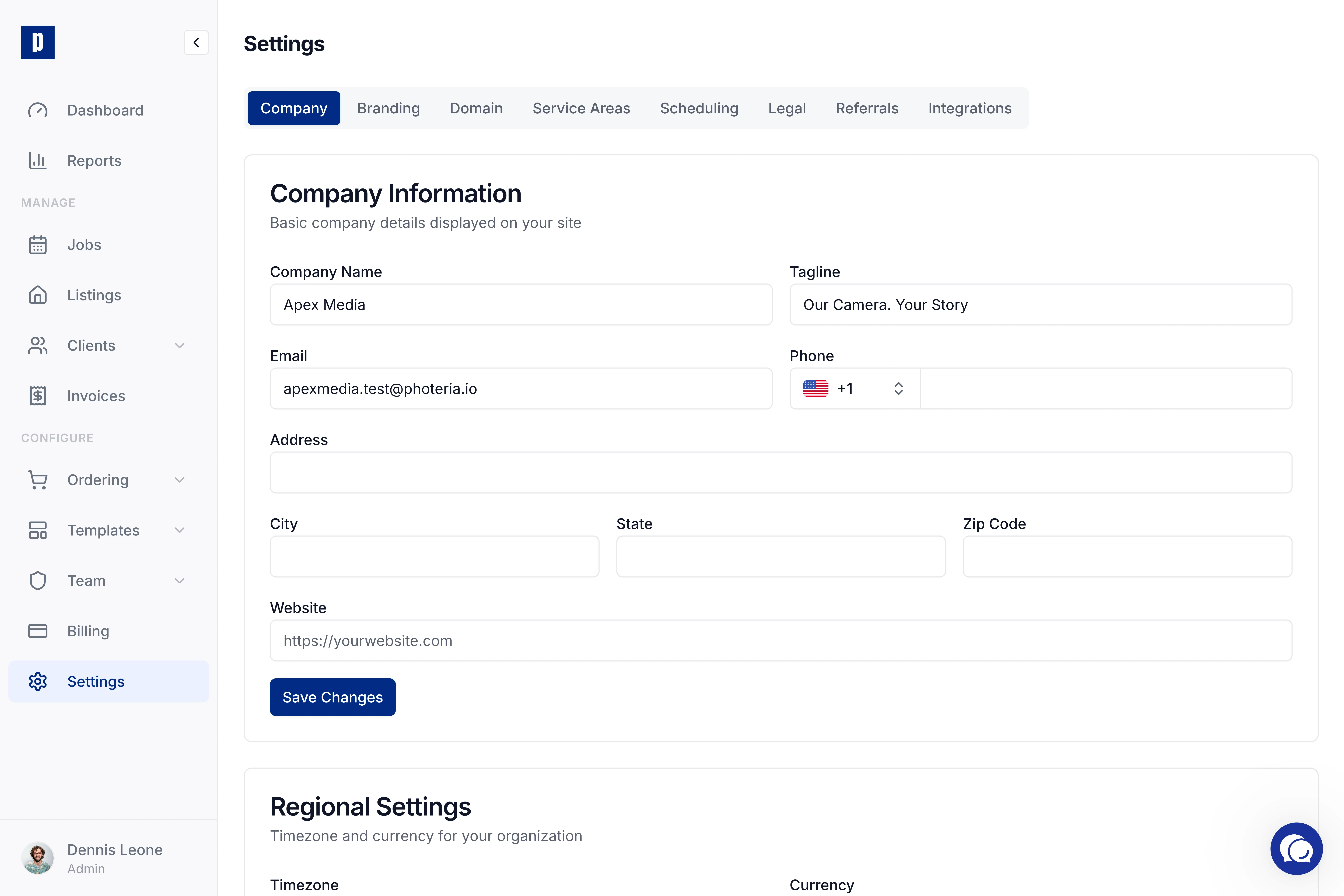 Photeria admin settings page showing branding configuration for custom logo, colors, and portal domain