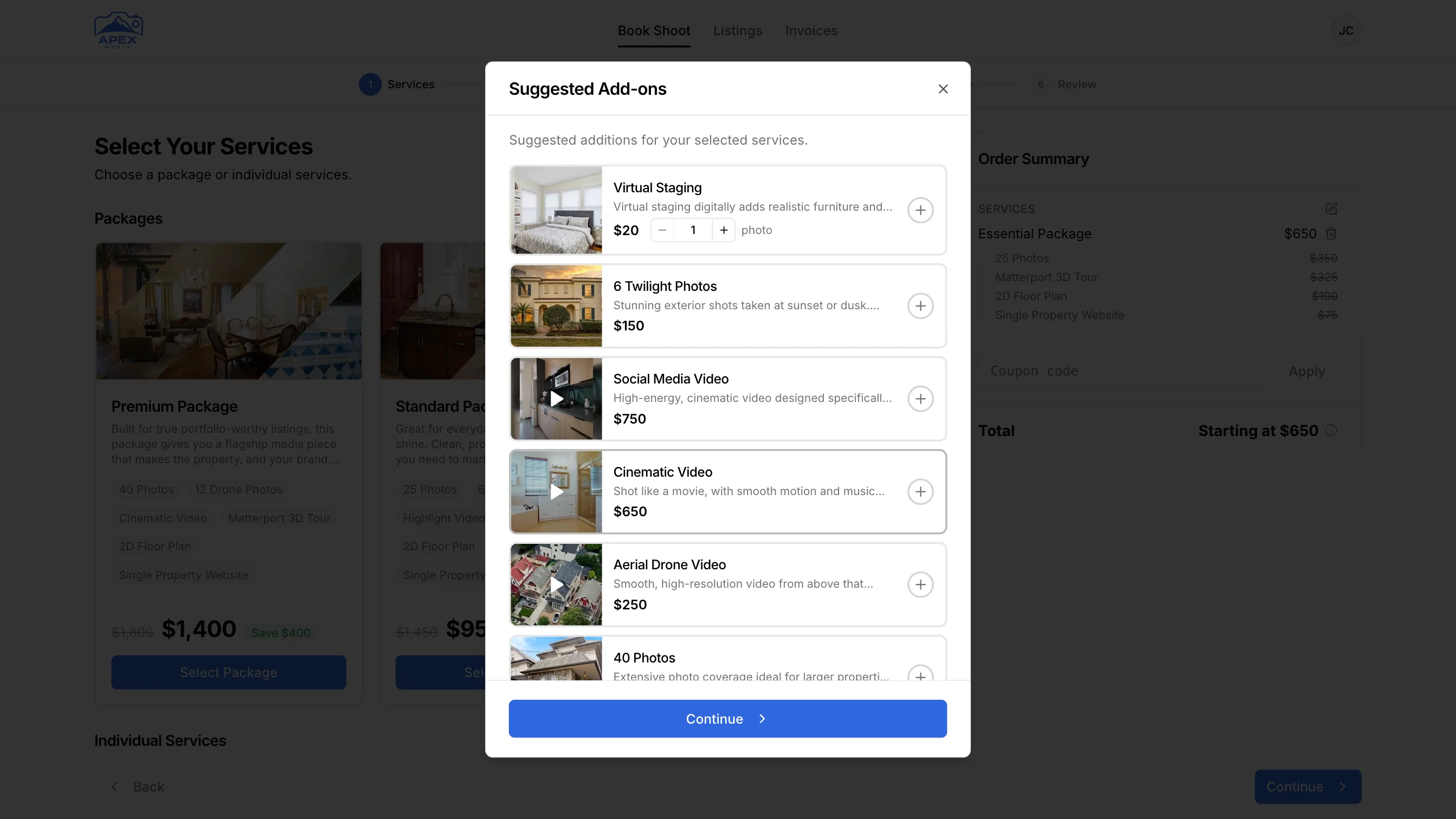 Photeria booking page showing recommended add-ons during checkout