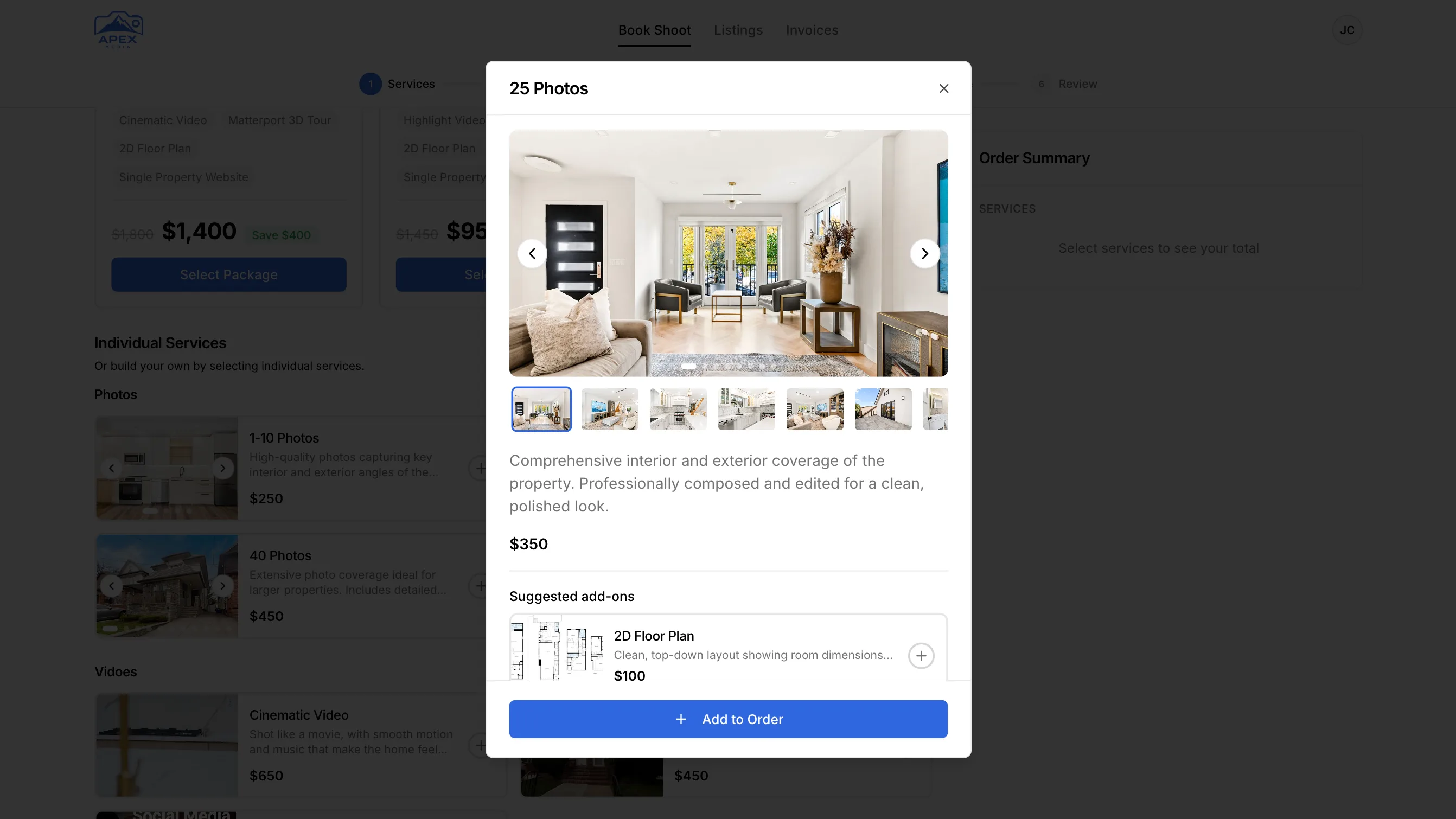 Photeria booking page service summary with a service gallery