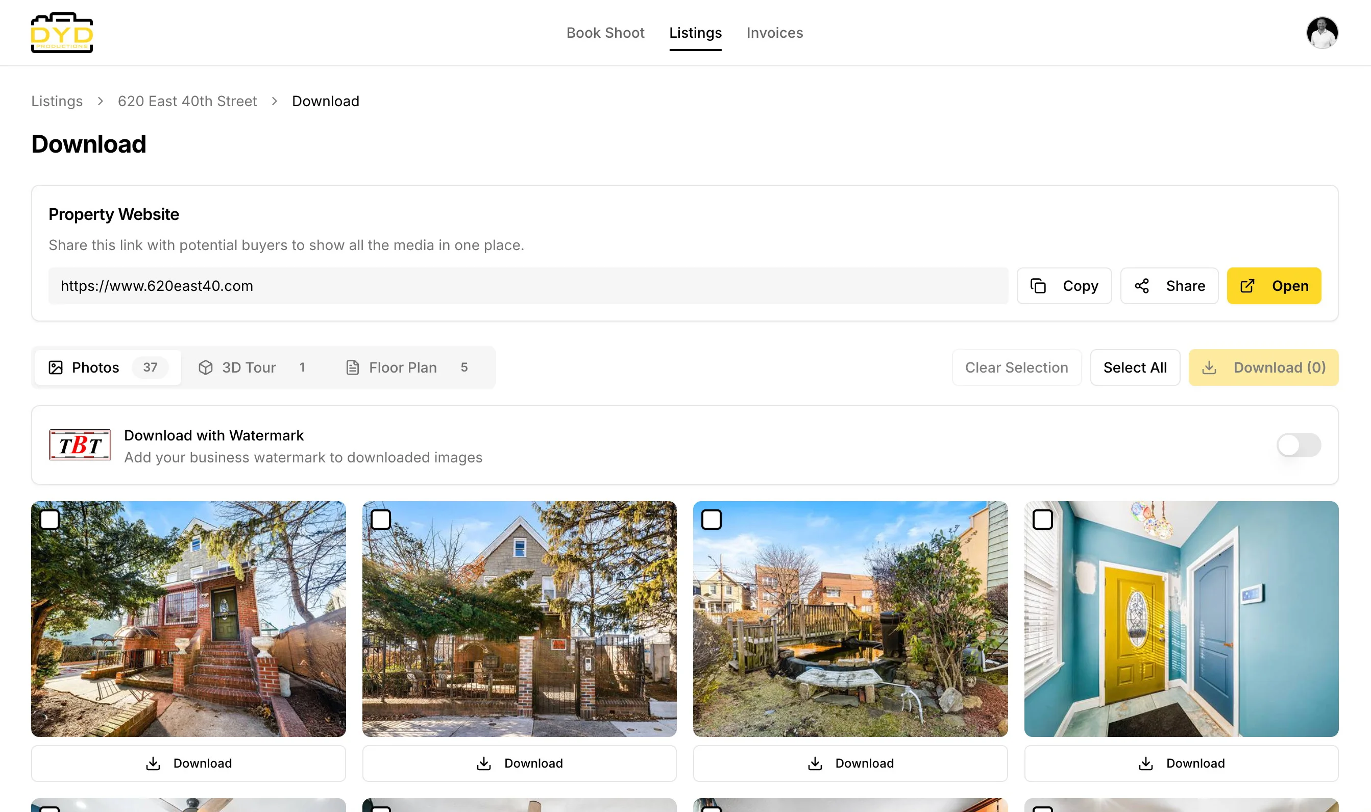 Photeria branded download page where clients preview and pay for media