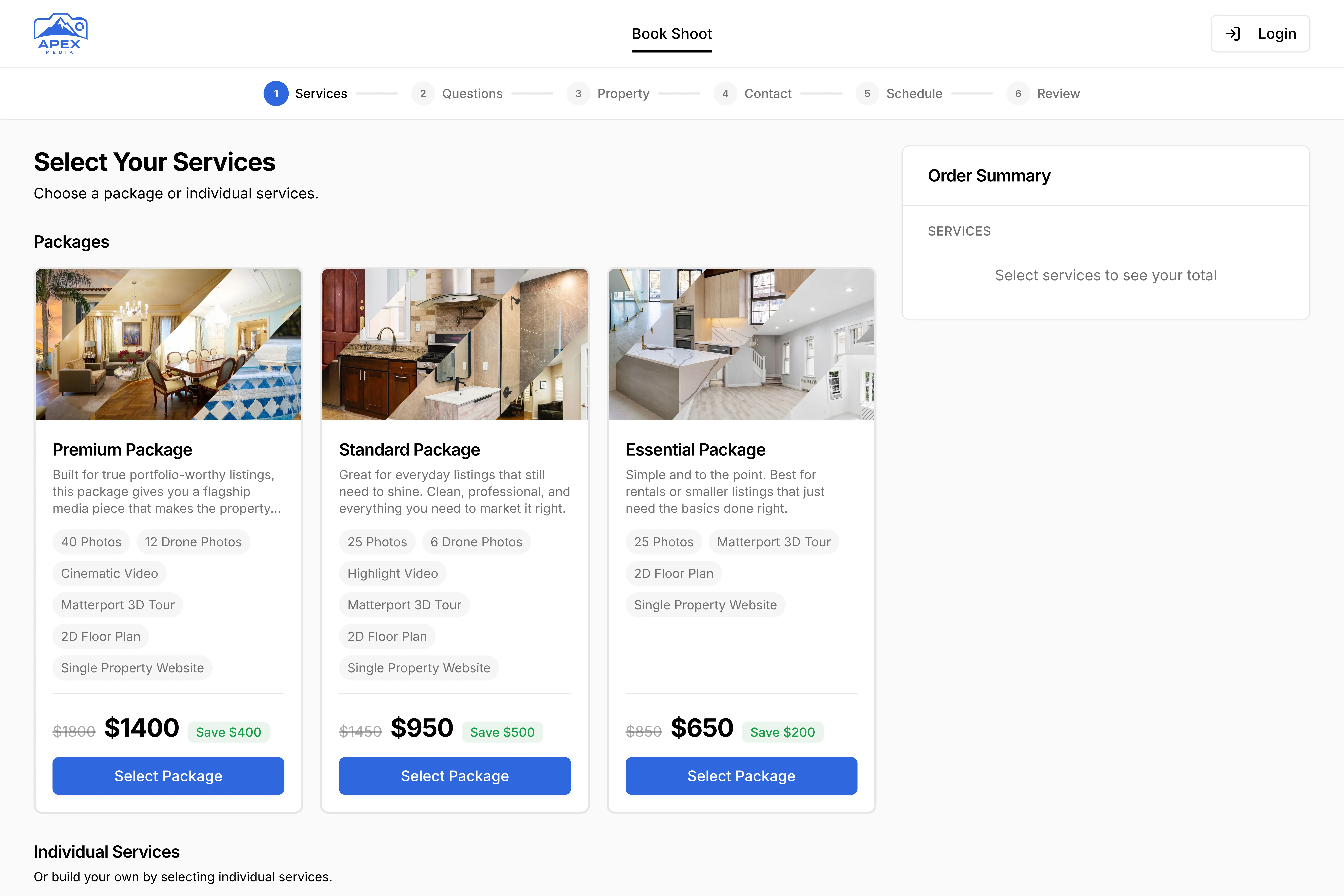 Mobile-optimized real estate photography booking page with service selection and scheduling